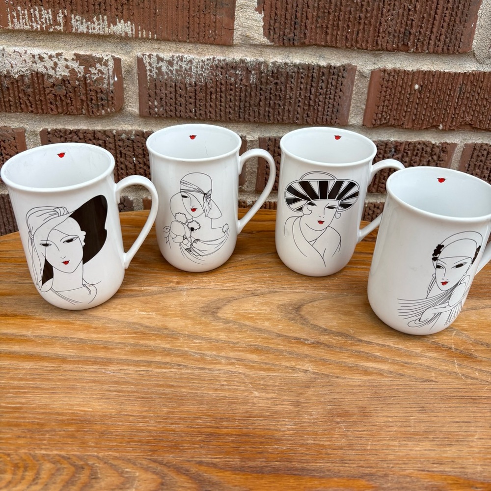 Vintage 1985 Seymour Mann ART DECO Coffee Mugs Line Drawing Ladies Set Of 4